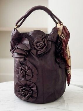 Authentic Valentino Garavani Wine Leather Rosette Hobo Bag w/ Scarf
